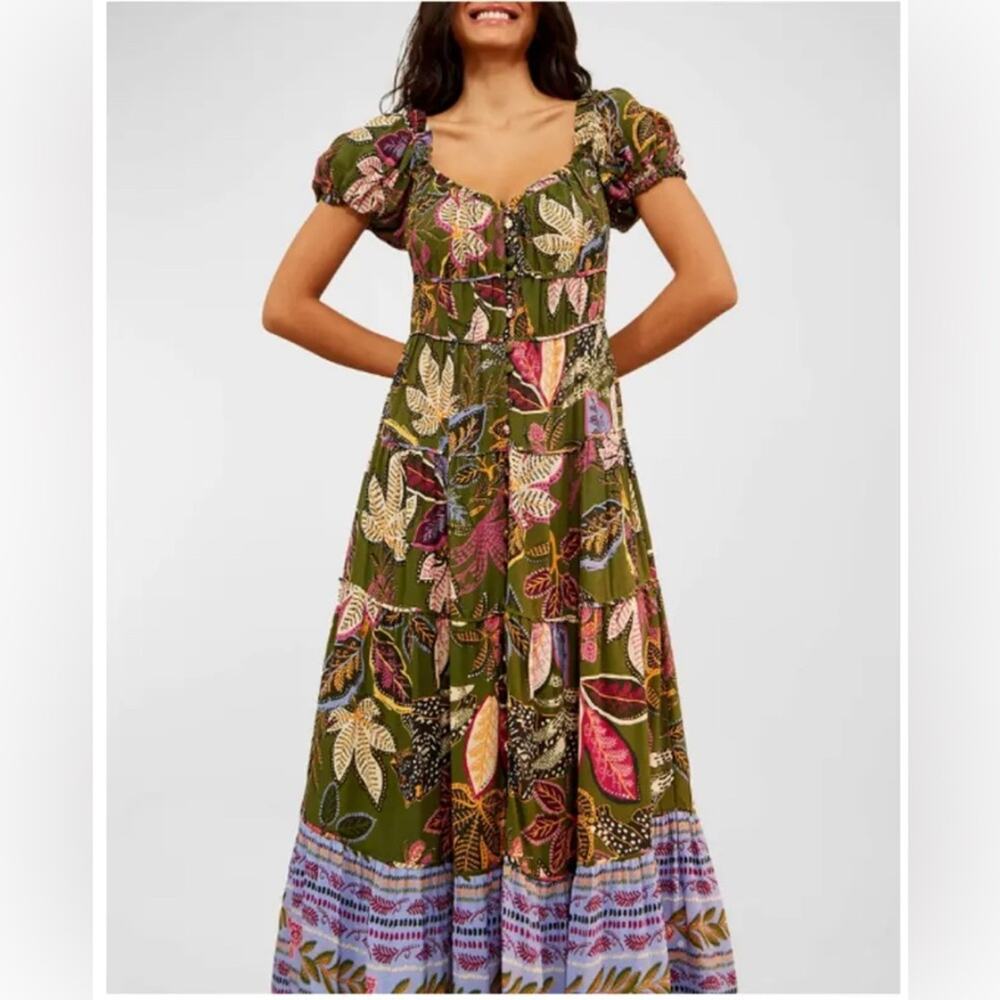 NWT Farm Rio Green Wild Jungle Corset Midi Dress Tropical Floral Travel S